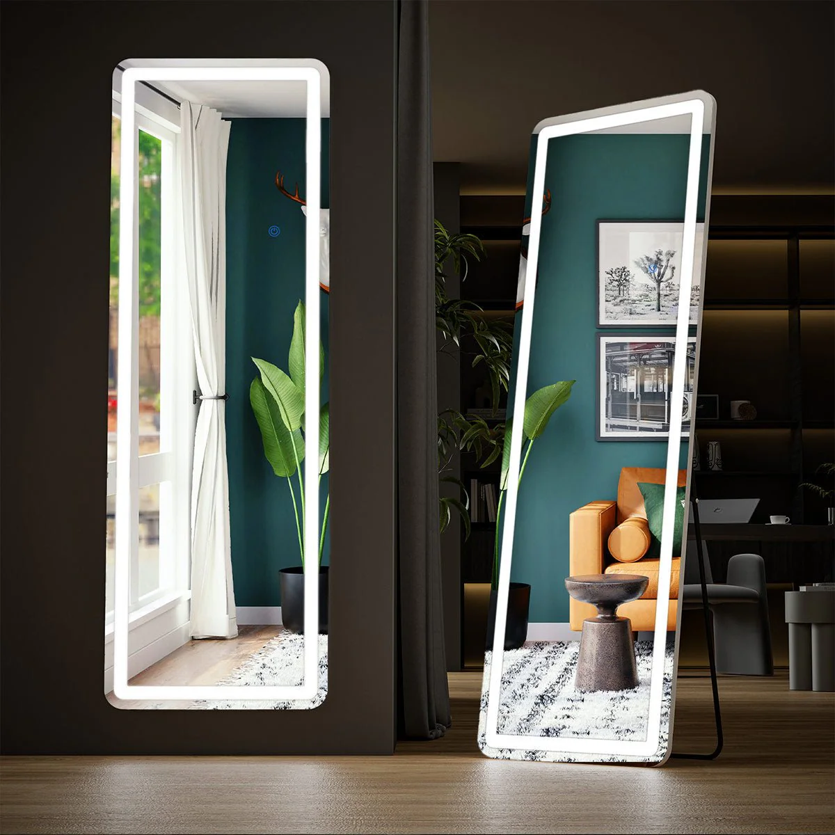 Dimmable LED Lights Full Body Floor Mirror with Stand, Wall Mounted Hanging - Image 3