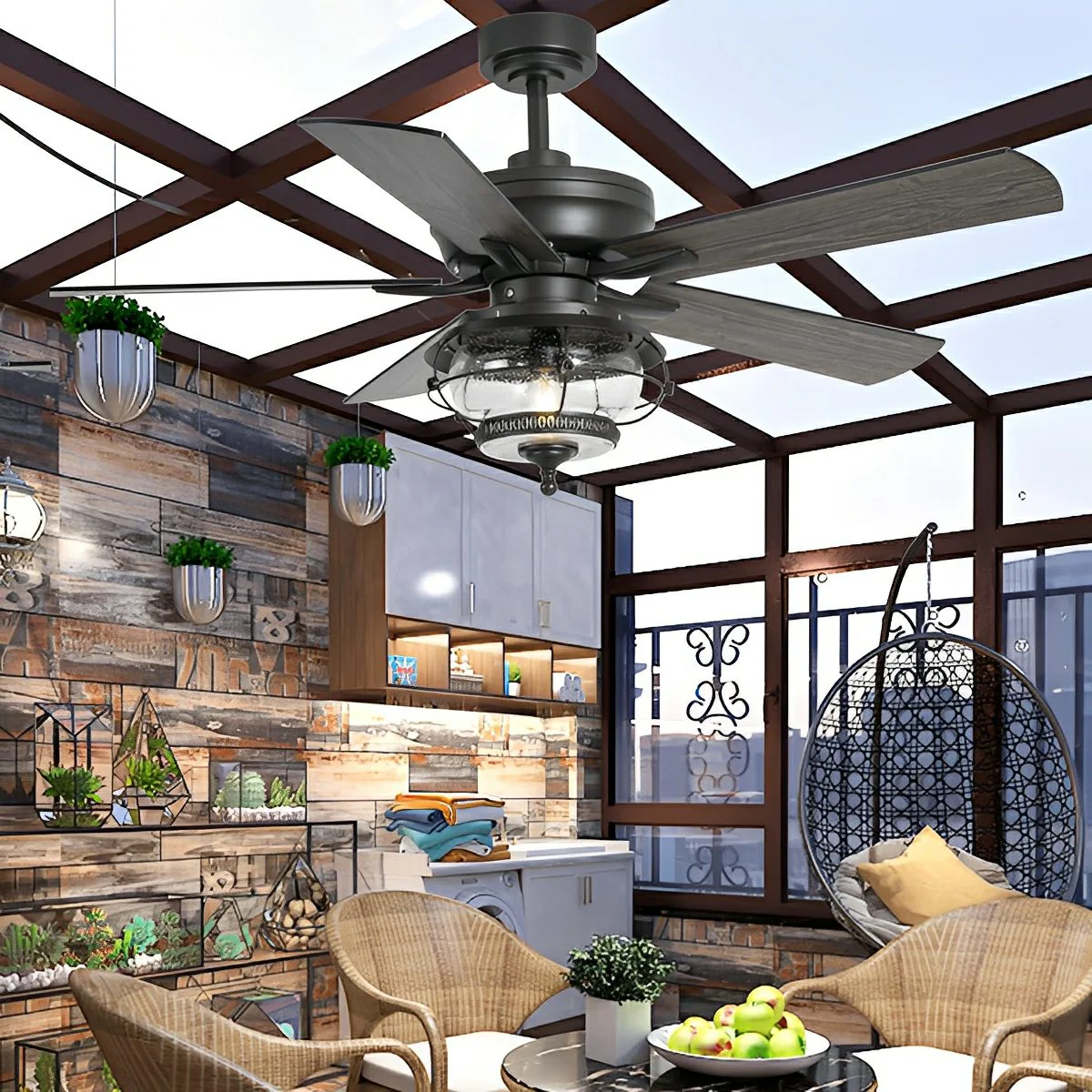 52" Black Classic Globe Lamp Outdoor DC Motor Reverse Ceiling Fan Light - Image 3