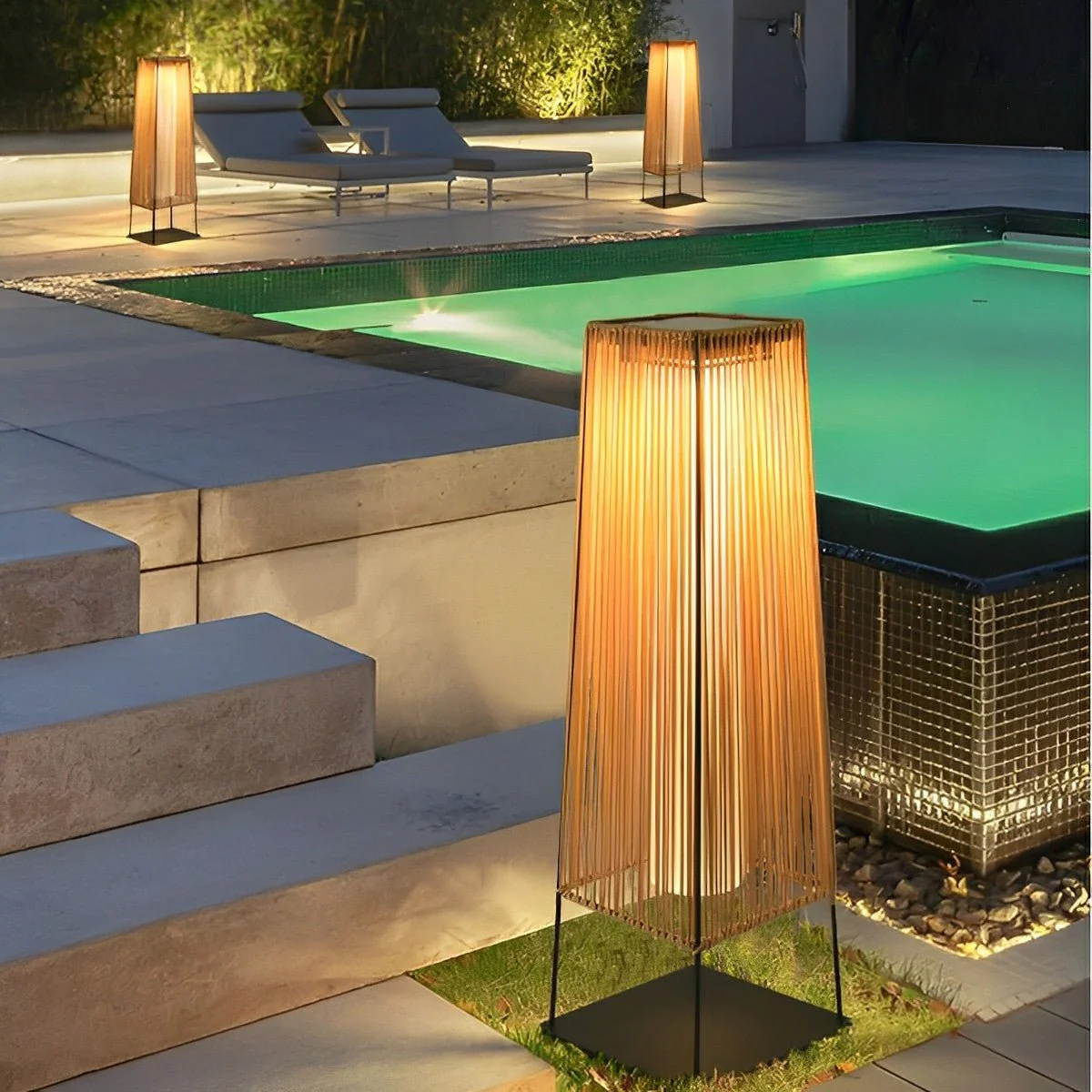 Artisanal Modern Waterproof Rattan LED Outdoor Floor Lamp Lantern - Image 5