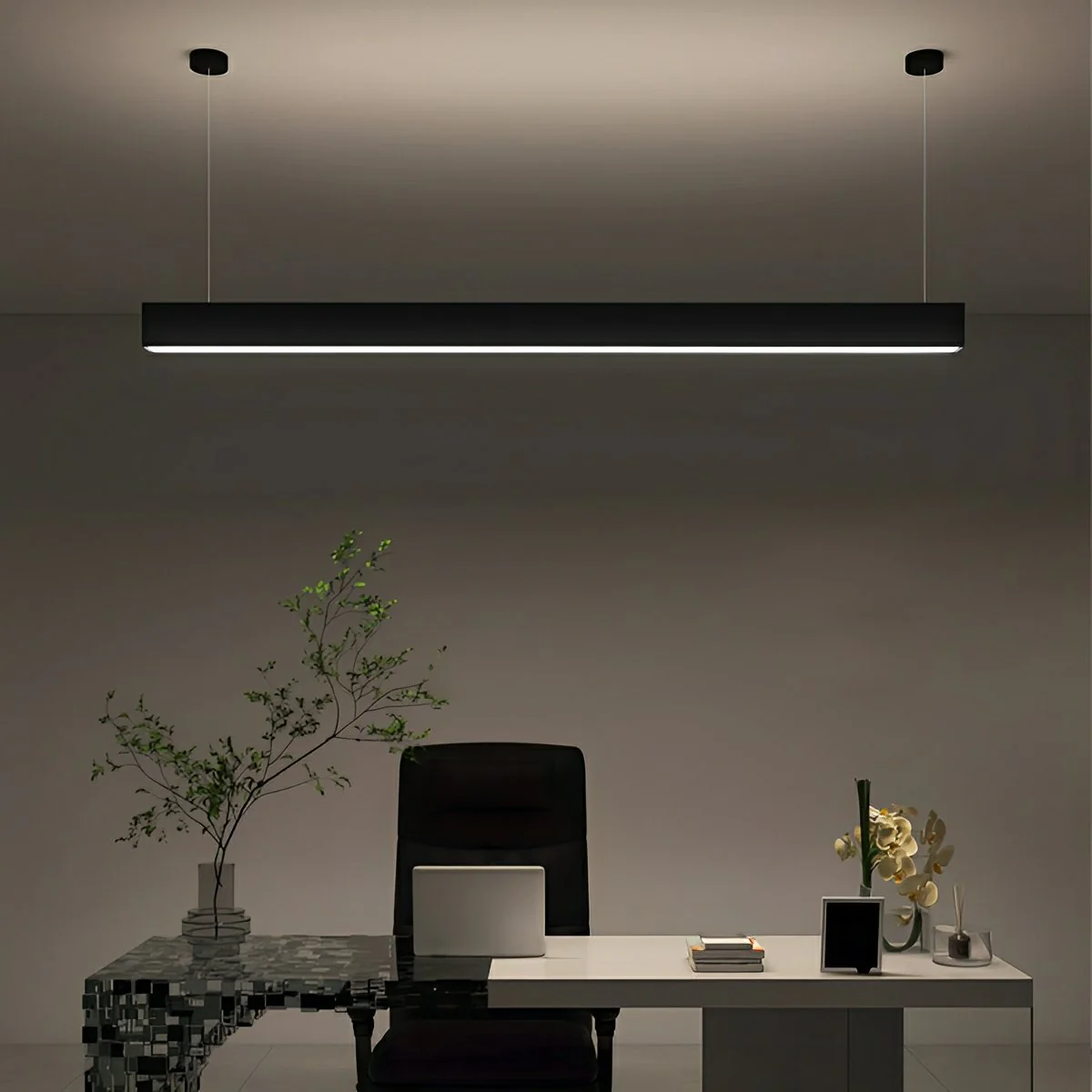 Black Modern Minimalist Linear LED Long Strip Office Ceiling Pendant Lights - Image 3