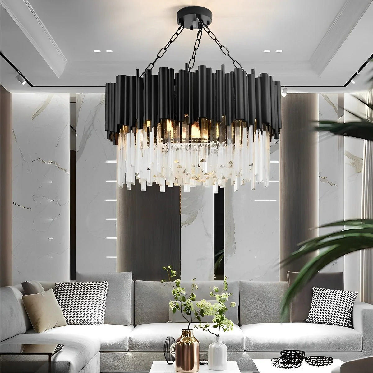 Circular Clear Crystal Metal Black Modern Chandelier Pendant Lamp - Image 3