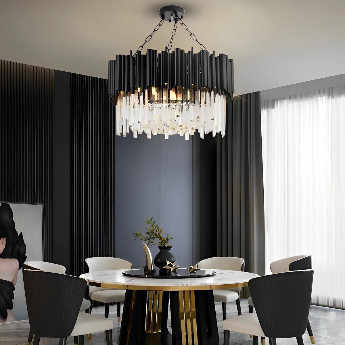 Circular Clear Crystal Metal Black Modern Chandelier Pendant Lamp - Image 4