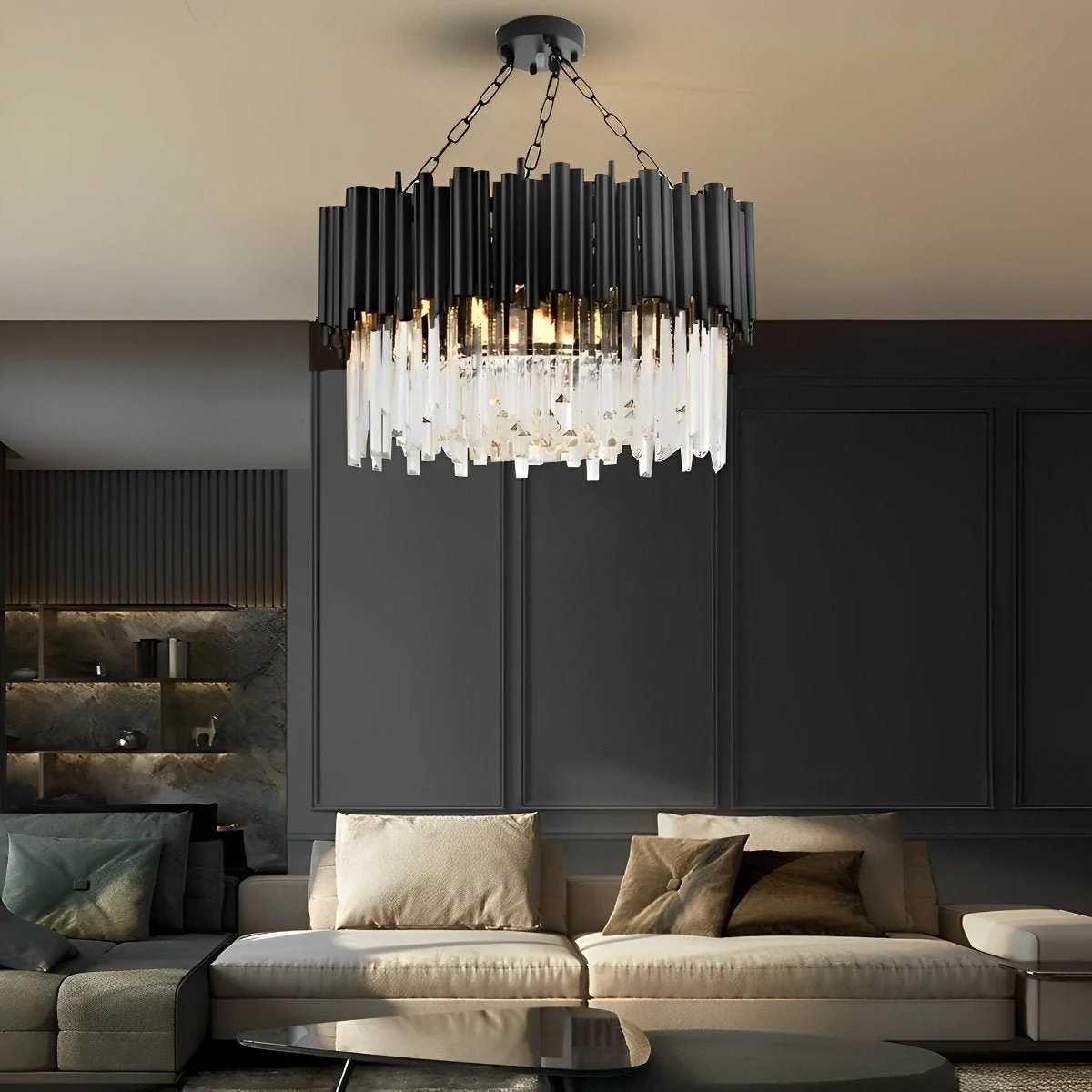 Circular Clear Crystal Metal Black Modern Chandelier Pendant Lamp - Image 5