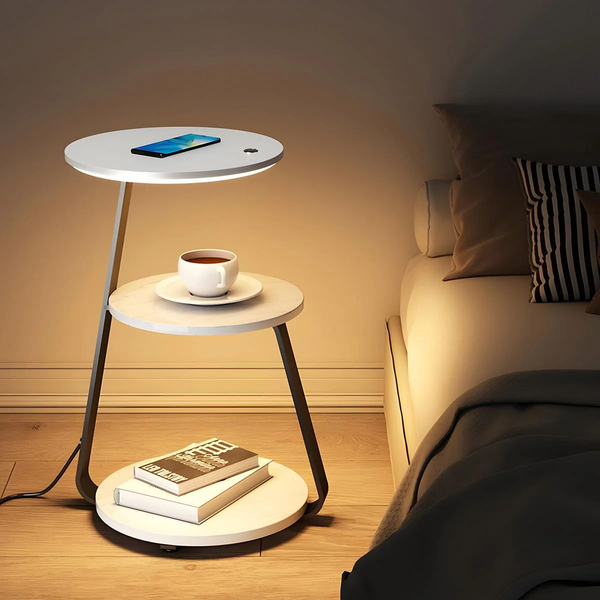 Coffee Table With Floor Lamp Shelf with Lamp Wireless Chargeable Bedside Table - Image 10