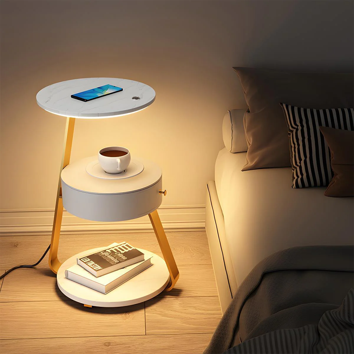 Coffee Table With Floor Lamp Shelf with Lamp Wireless Chargeable Bedside Table - Image 4
