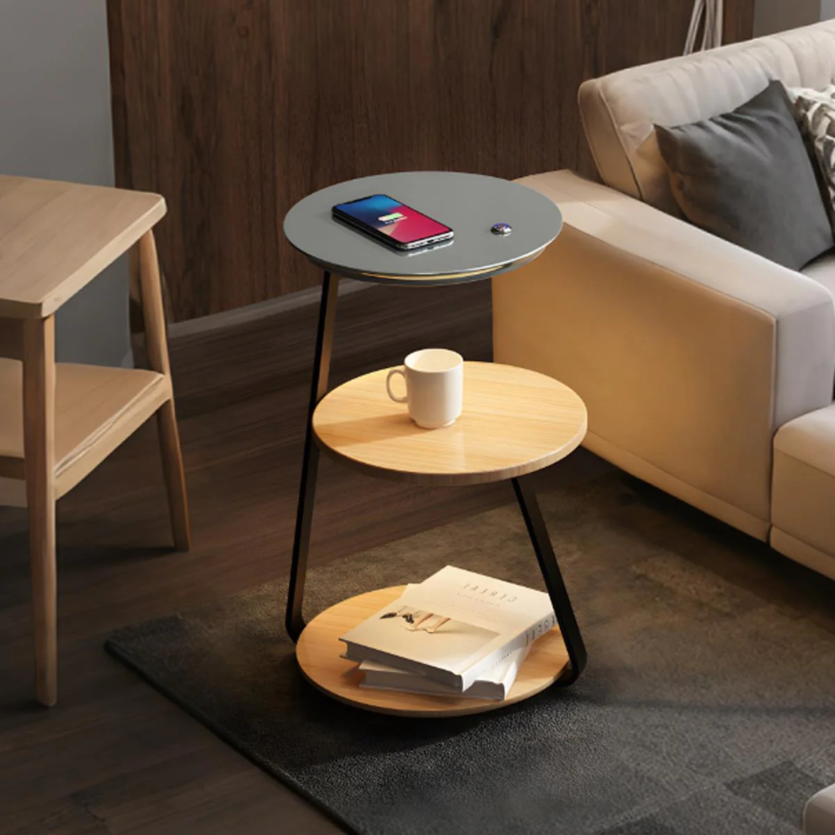 Coffee Table With Floor Lamp Shelf with Lamp Wireless Chargeable Bedside Table - Image 6