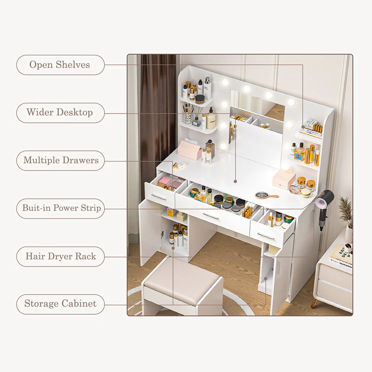 White Makeup Vanities Dressing table With LED Mirror & 3 Drawers - Image 4