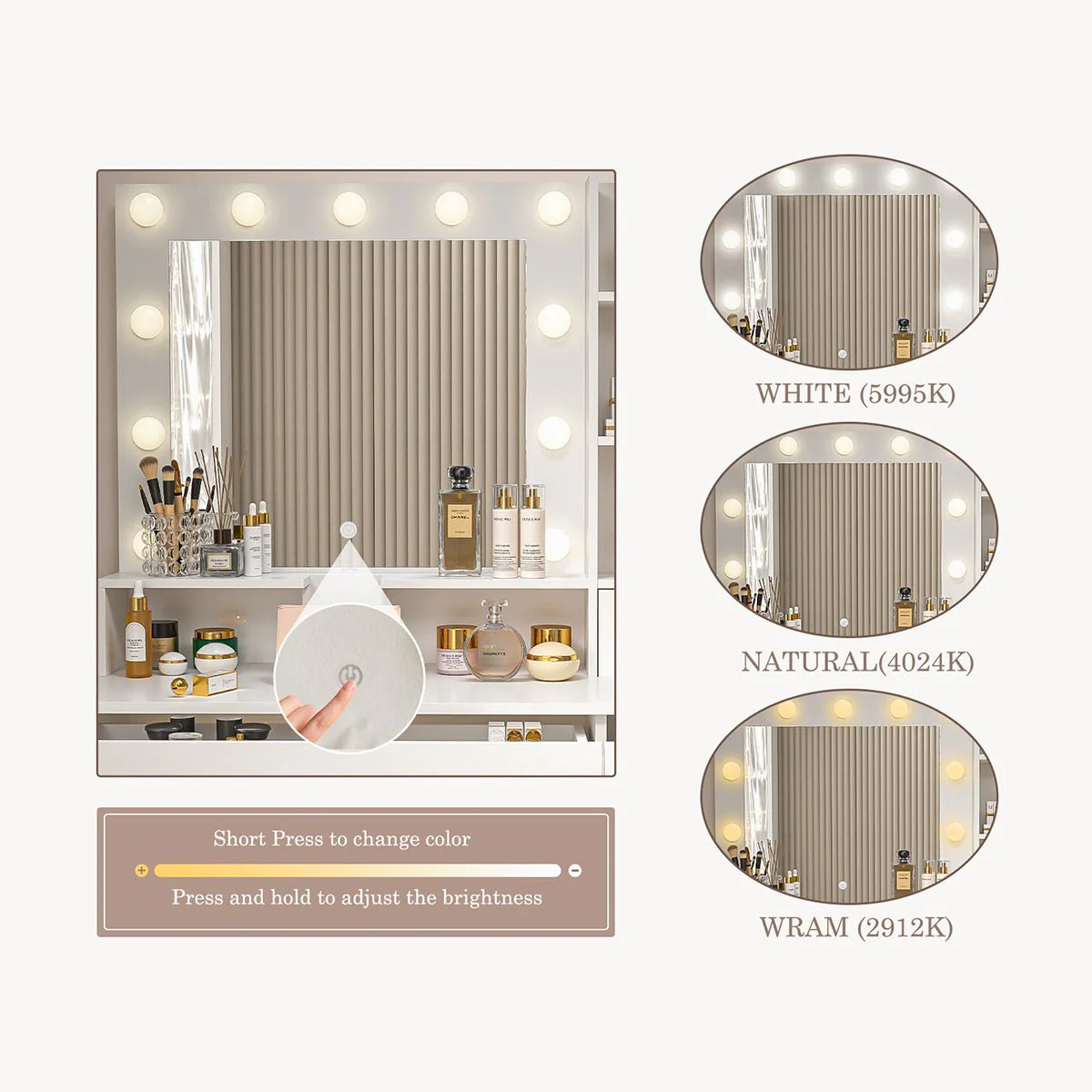 White Makeup Vanities Dressing table With LED Mirror & 3 Drawers - Image 5