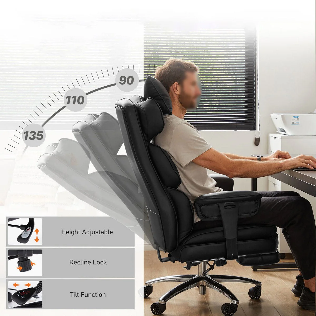 360° Ergonomic PU Leather  Office Chair High Back with Footrest & Lumbar Support - Image 7
