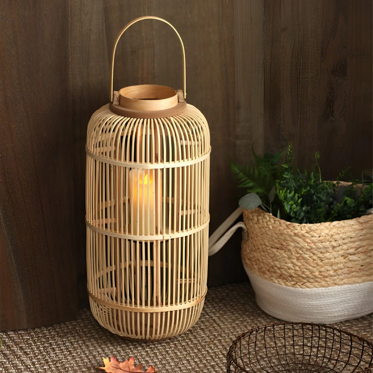 Handmade Bamboo Weaving LED Candle Lantern Floor Lamp - Image 3