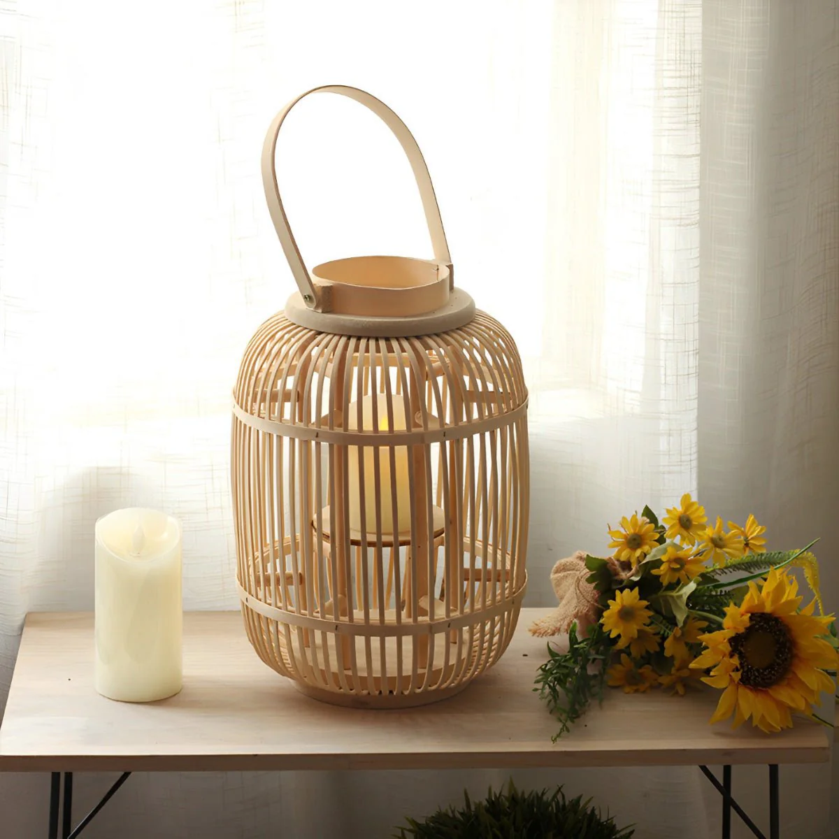 Handmade Bamboo Weaving LED Candle Lantern Floor Lamp - Image 4