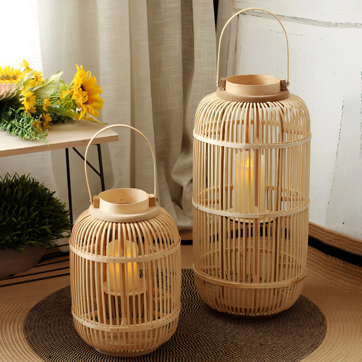 Handmade Bamboo Weaving LED Candle Lantern Floor Lamp - Image 5