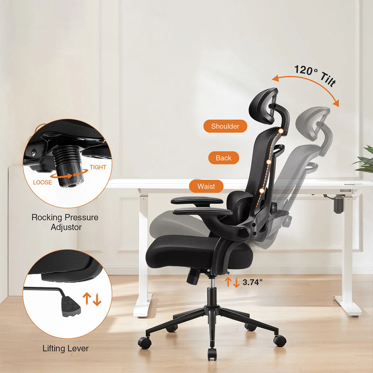Ergonomic Office Chair Desk Chair Mesh Headrest&Lumbar Support Computer Chair - Image 4