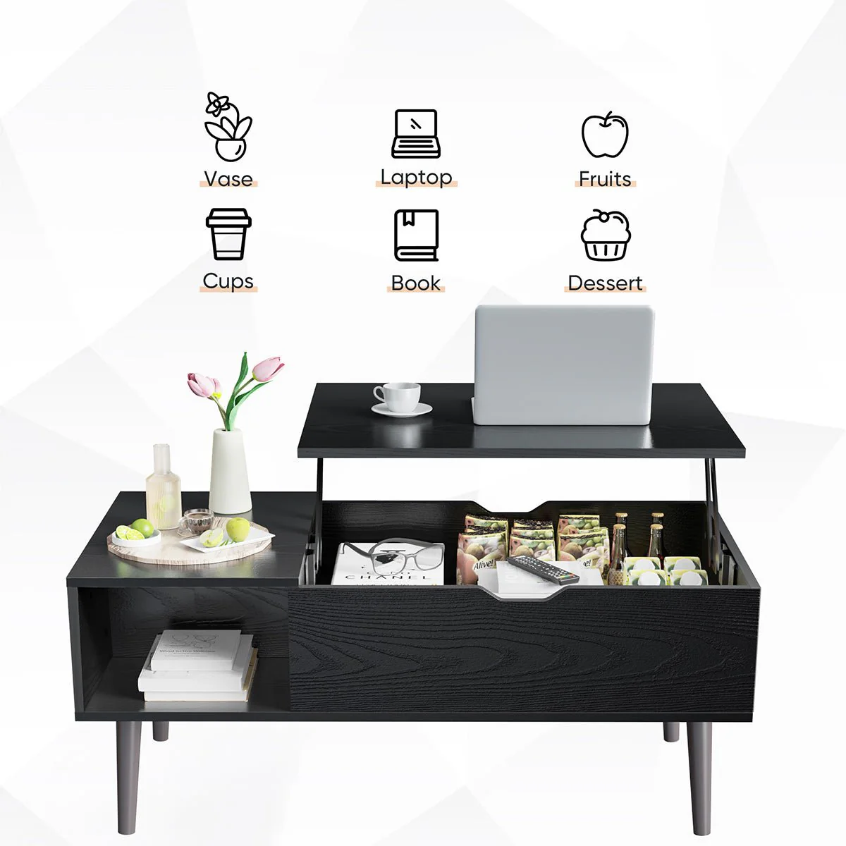 Modern Lift Tabletop Coffee Tables with Storage Shelf and Hidden Compartment - Image 3
