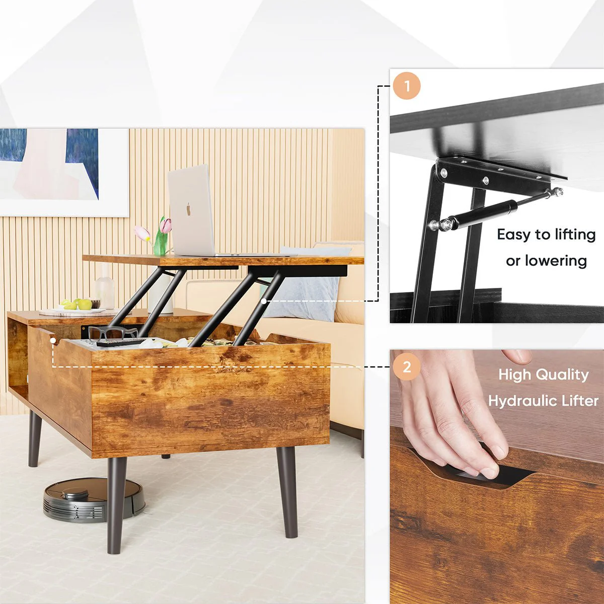 Modern Lift Tabletop Coffee Tables with Storage Shelf and Hidden Compartment - Image 4