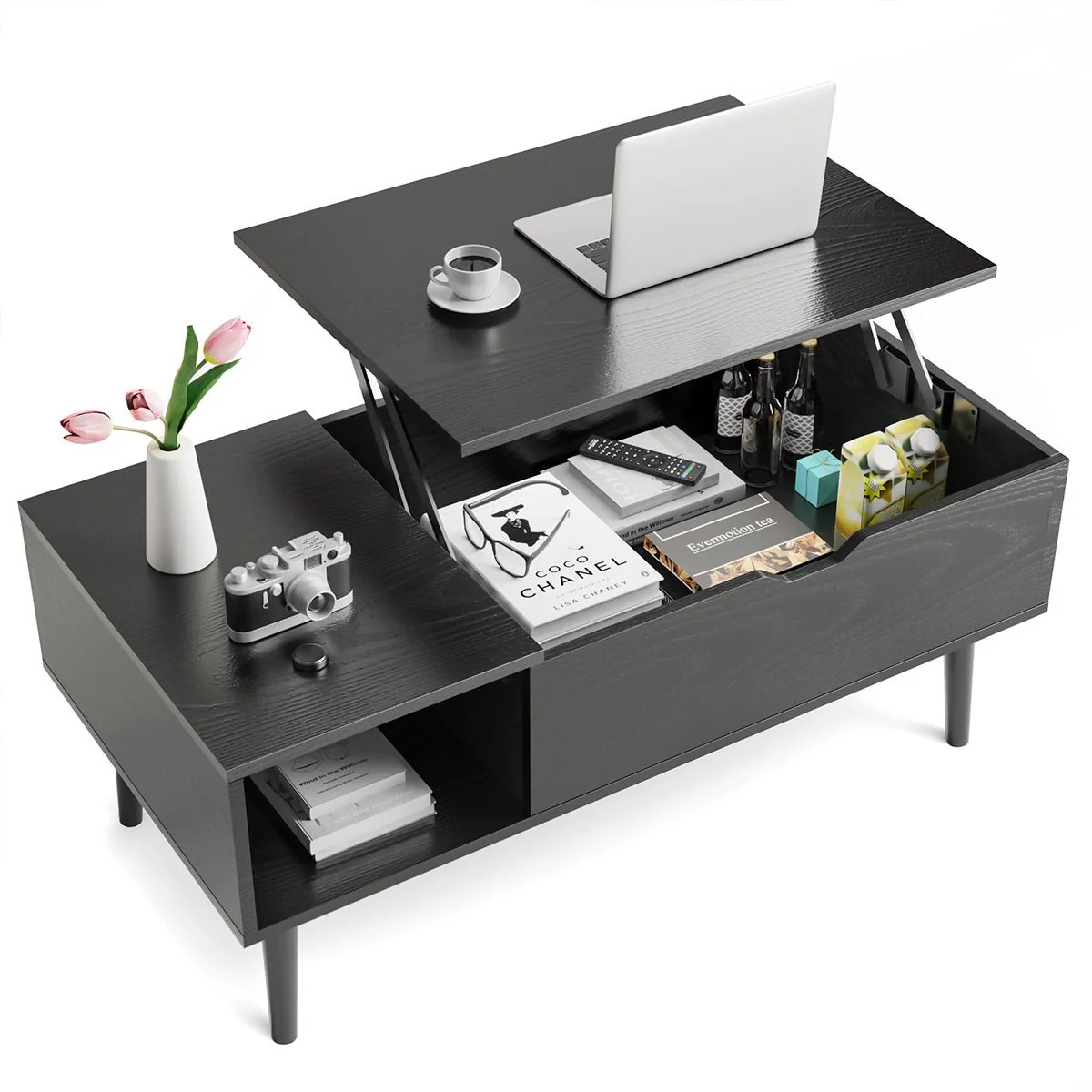 Modern Lift Tabletop Coffee Tables with Storage Shelf and Hidden Compartment - Image 5