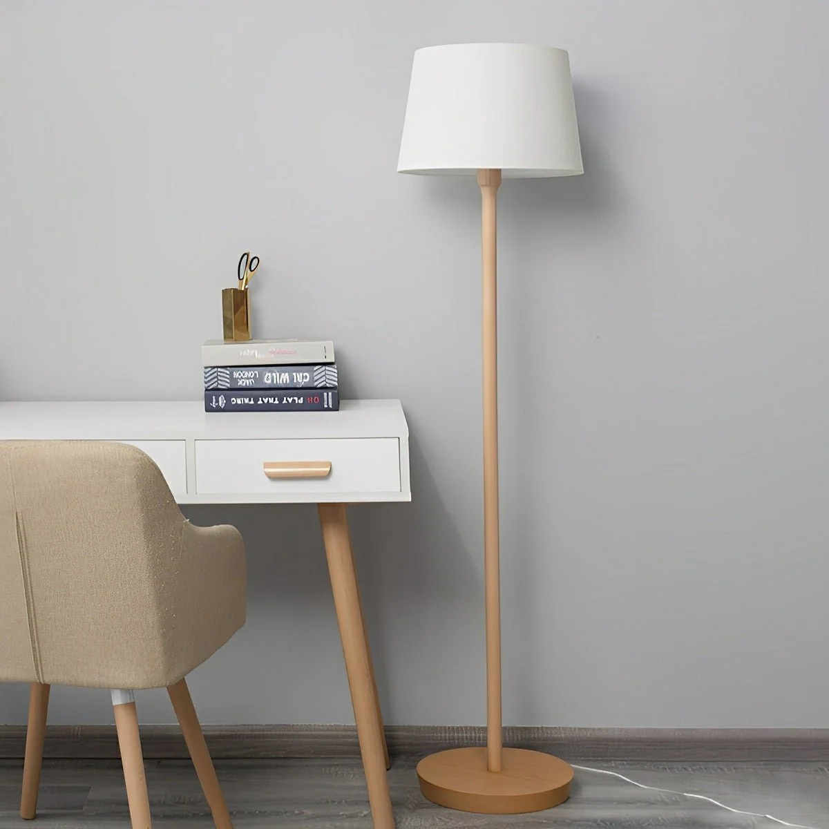 Modern Beech Wood Fabric Drum Shade LED Floor Lamp - Image 6