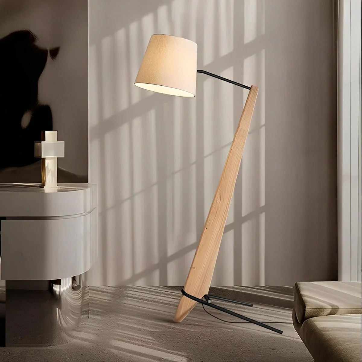 Modern Tilt Wood Fabric Drum Shade Floor Lamp - Image 3