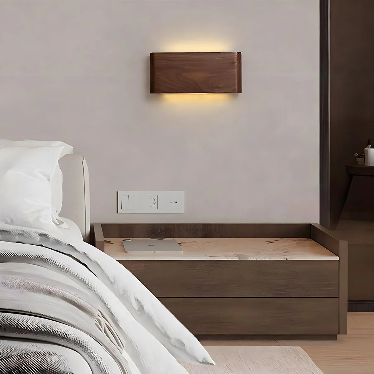Modern Walnut Solid Wood Rectangular LED Indoor Wall Sconce - Image 2