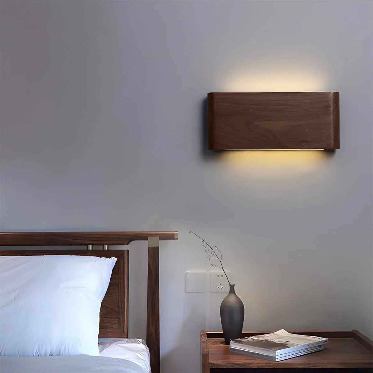 Modern Walnut Solid Wood Rectangular LED Indoor Wall Sconce - Image 4