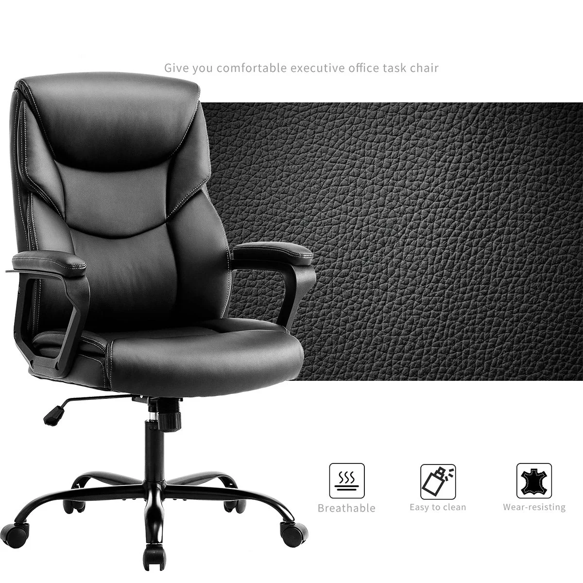 PU Leather Office Chair with Armrest,Lumbar Support, Strong Metal Base - Image 8