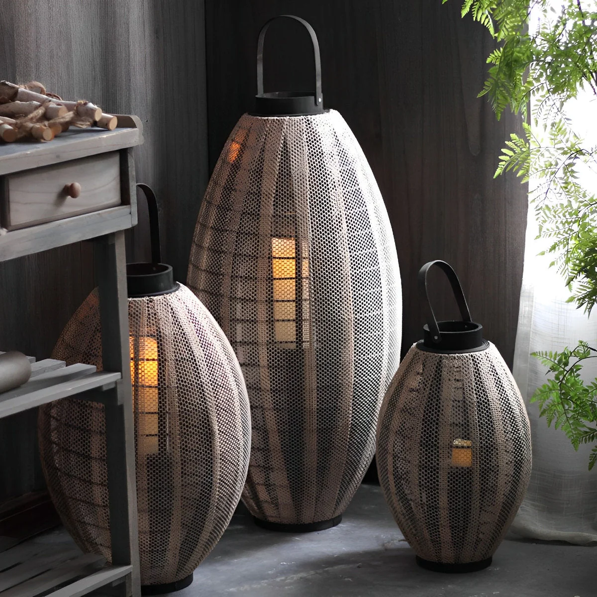 Retro Handmade Oval Cage LED Candle Floor Lamp Lantern - Image 3