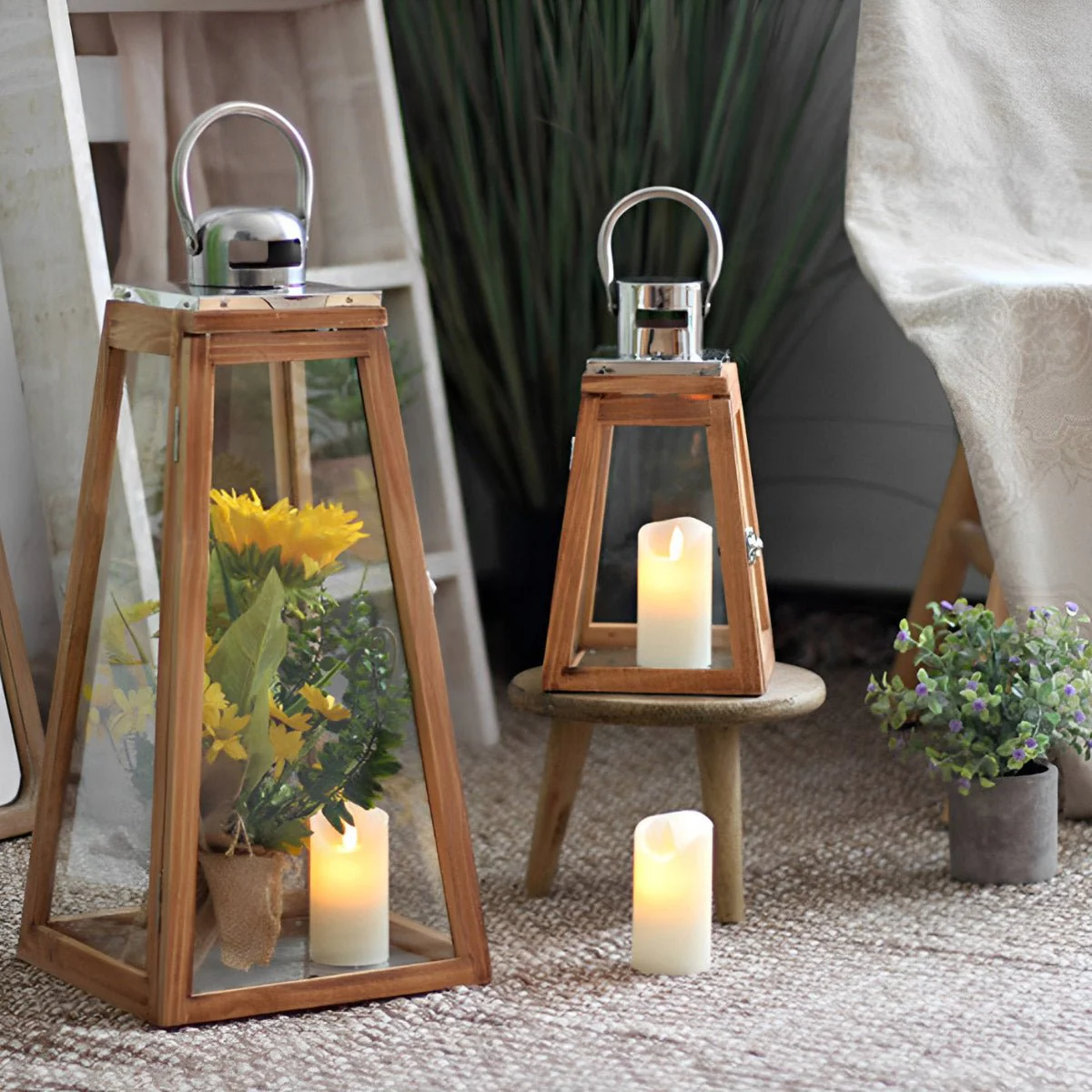 Set of 3 Rustic Wood Handmade LED Candle Holder Lantern - Image 3