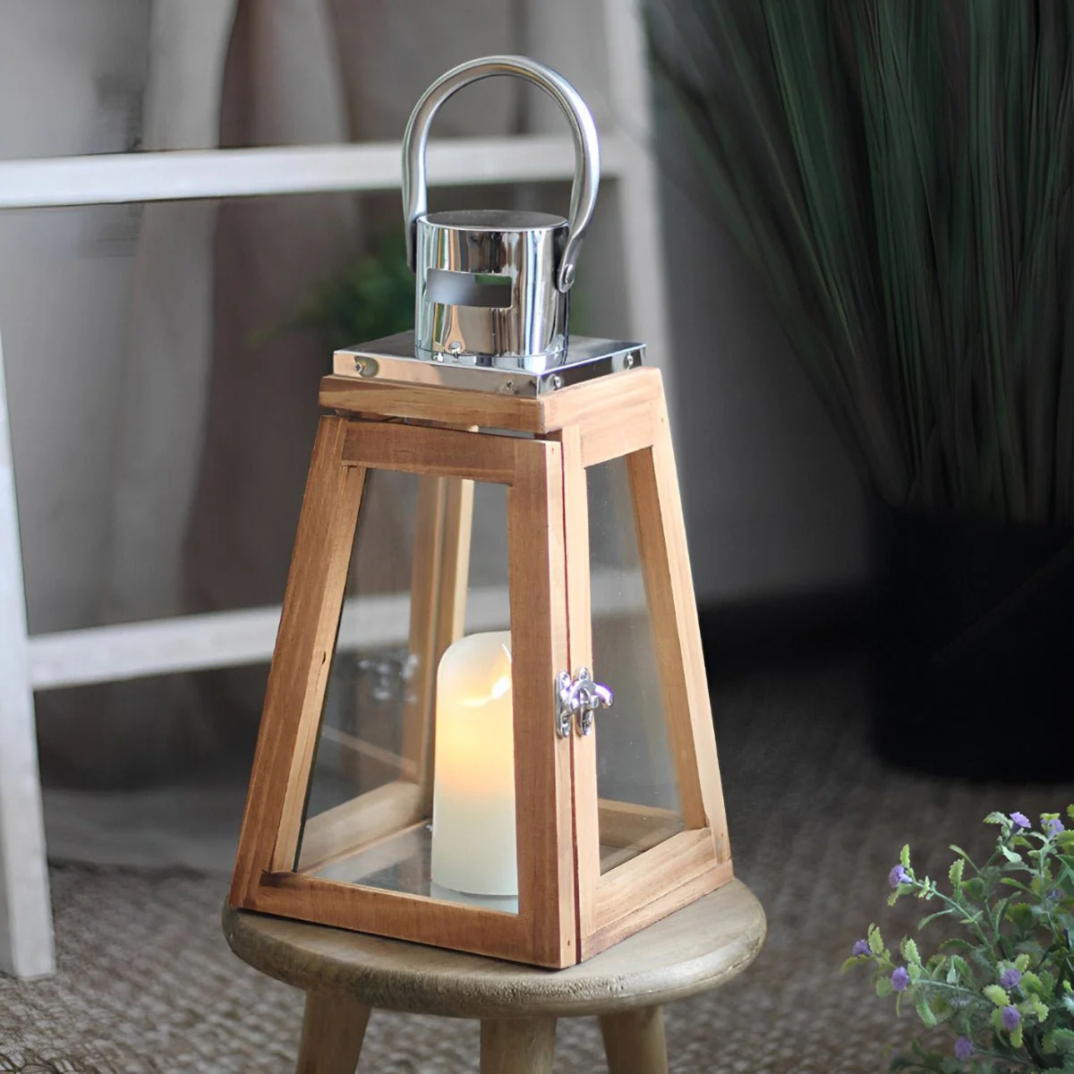 Set of 3 Rustic Wood Handmade LED Candle Holder Lantern - Image 5
