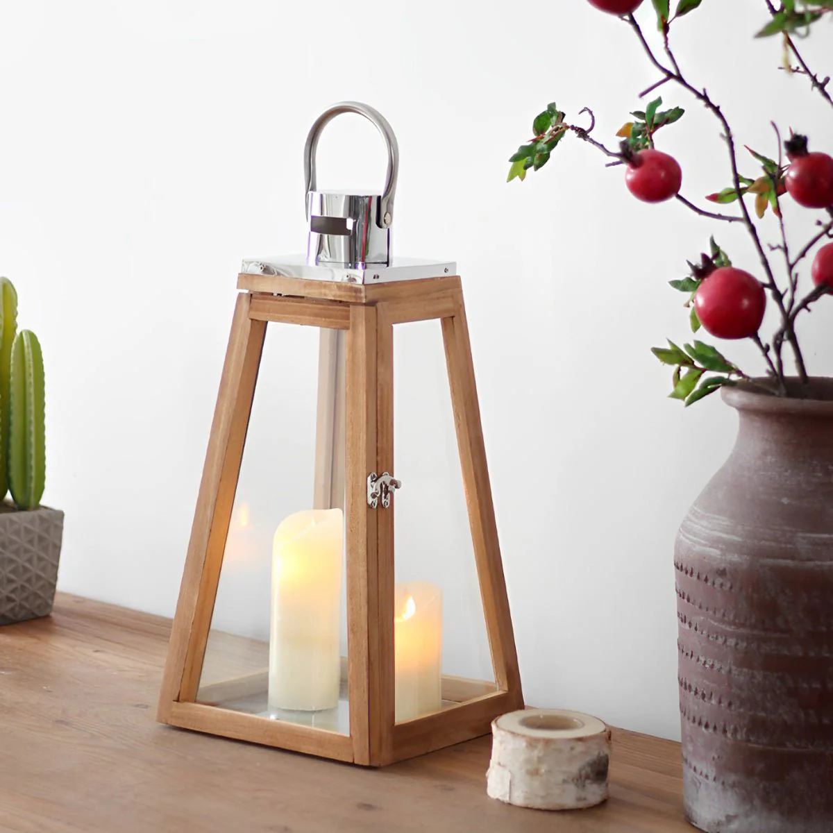 Set of 3 Rustic Wood Handmade LED Candle Holder Lantern - Image 6