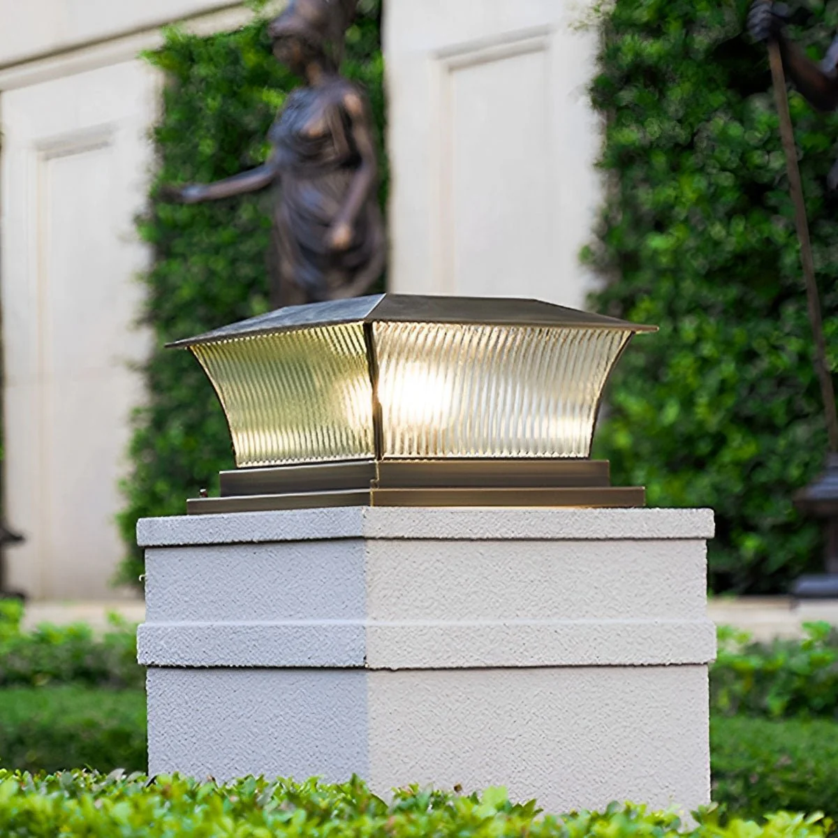 Waterproof Copper Square Tower Striped Glass LED Outdoor Post Lights