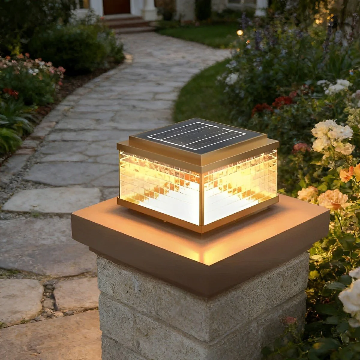 Solar Waterproof Square Vintage Copper LED Outdoor Post Light - Image 10
