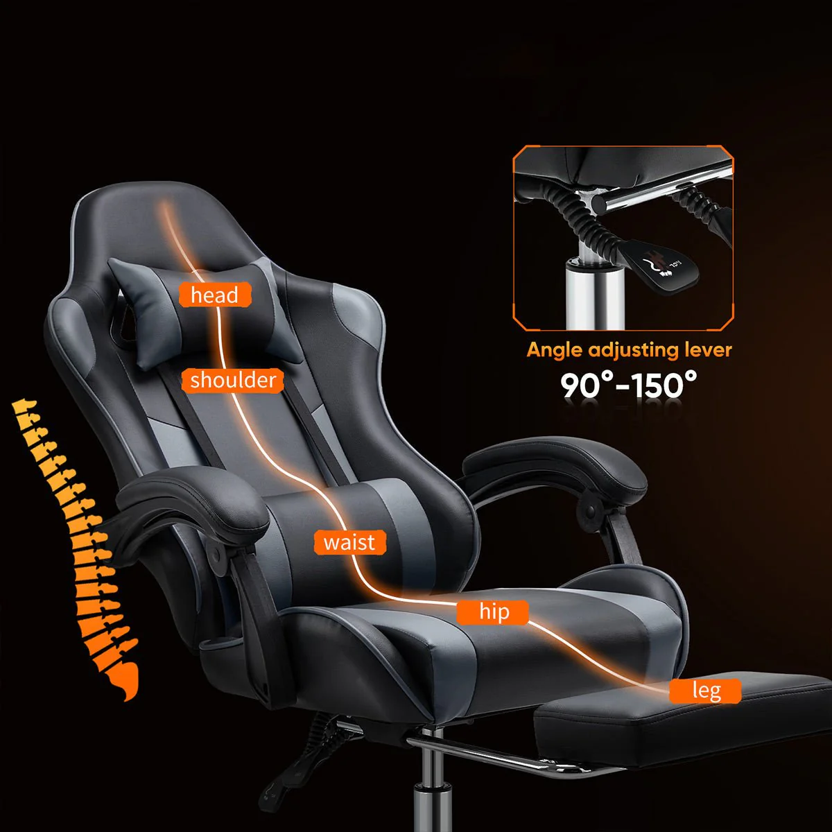 Ergonomic Computer Game Desk Chair Recliner - with Footrest & Lumbar Support & Headrest, Fixed Up Armrest, - Image 3