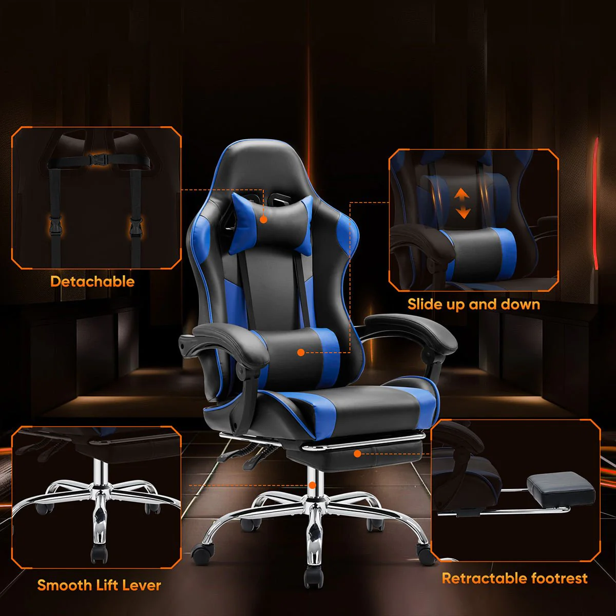 Ergonomic Computer Game Desk Chair Recliner - with Footrest & Lumbar Support & Headrest, Fixed Up Armrest, - Image 5
