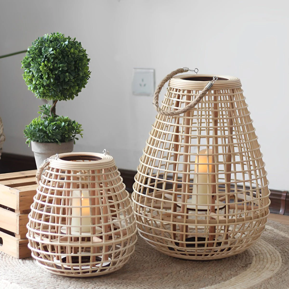 Vintage Handmade Rattan LED Candle Lantern Floor Lamp - Image 3