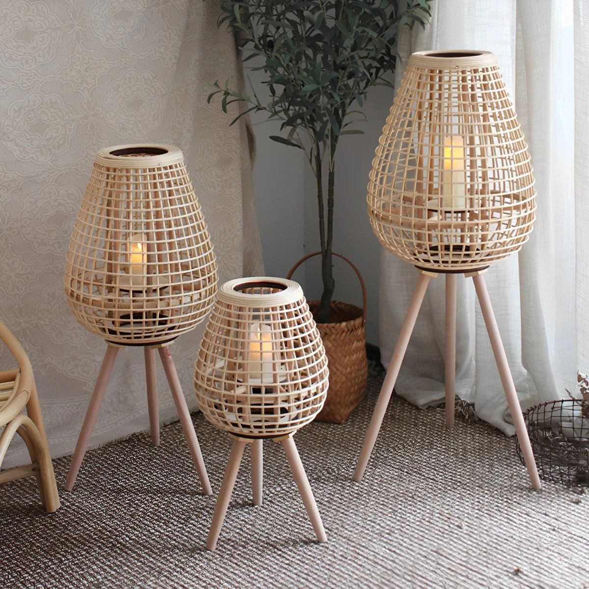 Vintage Handmade Rattan LED Candle Lantern Floor Lamp - Image 5