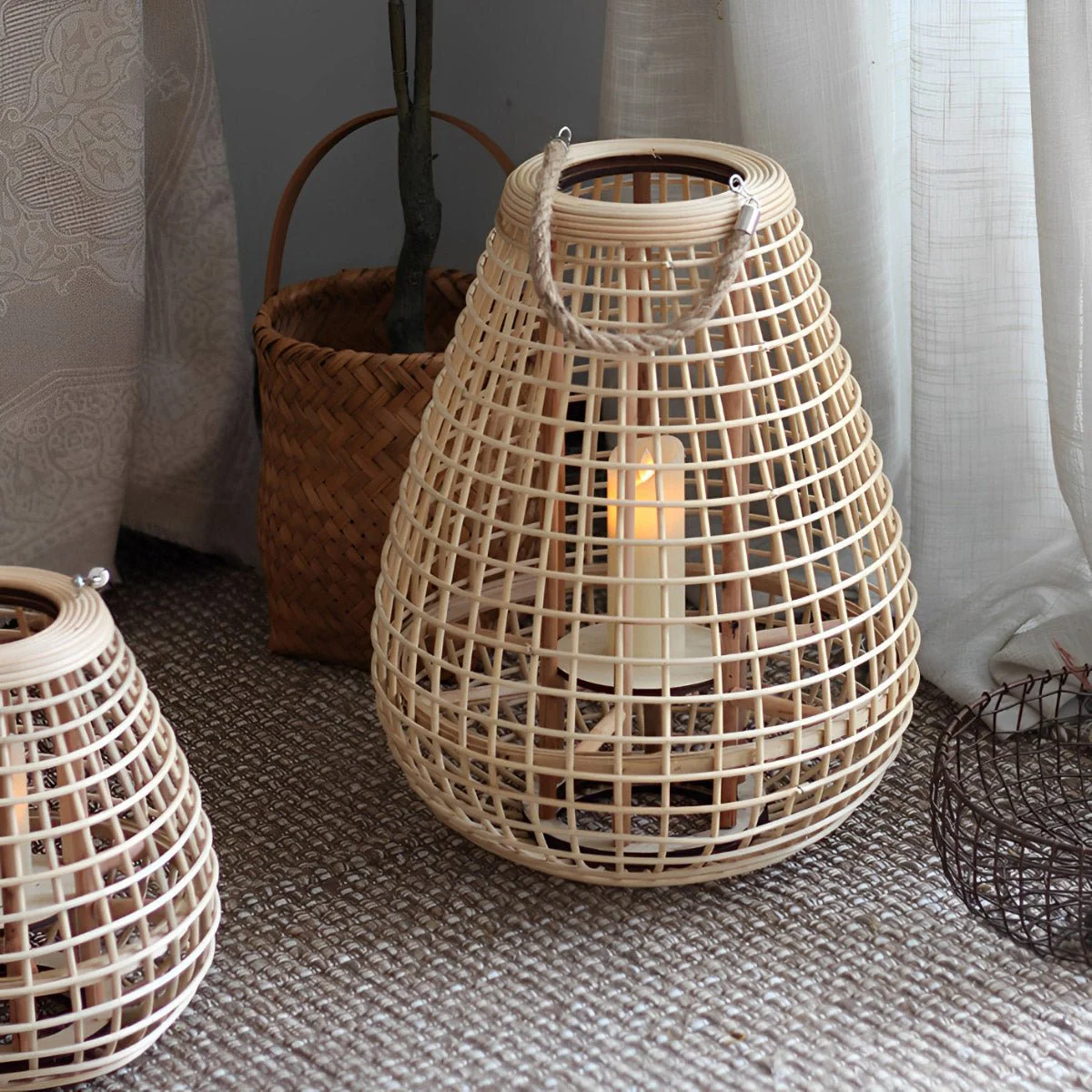 Vintage Handmade Rattan LED Candle Lantern Floor Lamp - Image 6