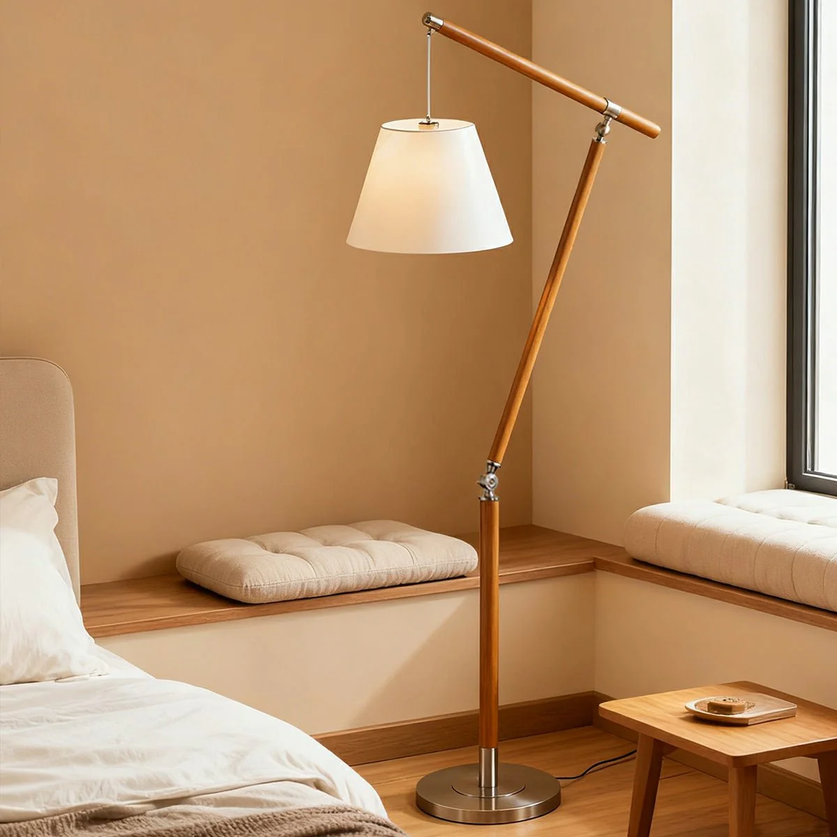 Vintage Wood Adjustable Swing Arm Floor Lamp - Image 2