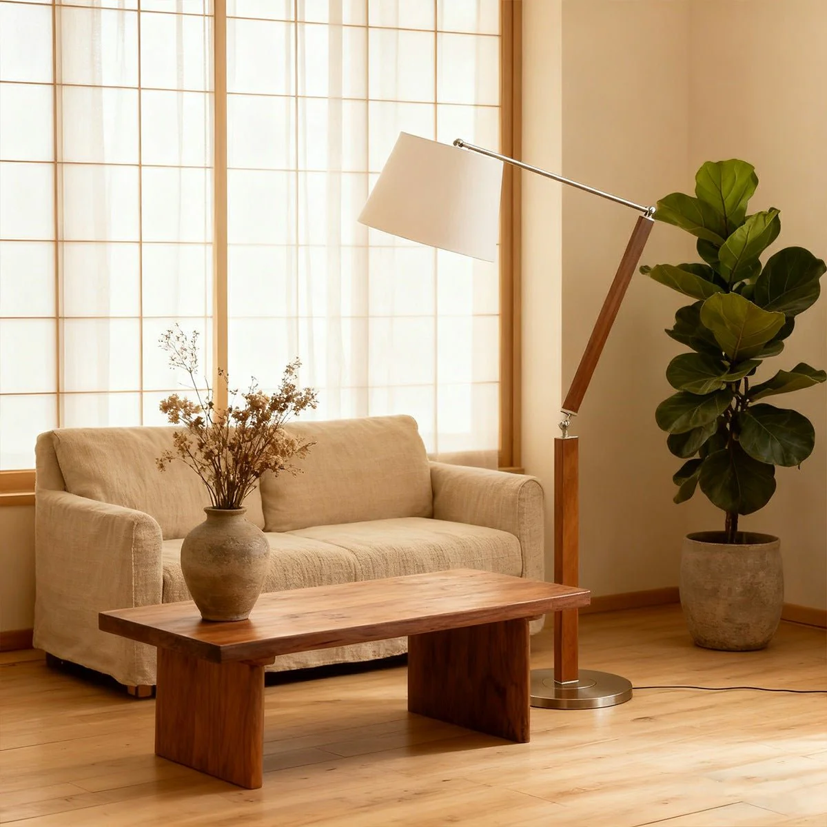 Vintage Wood White Lampshade Swing Arm Floor Lamp - Image 2