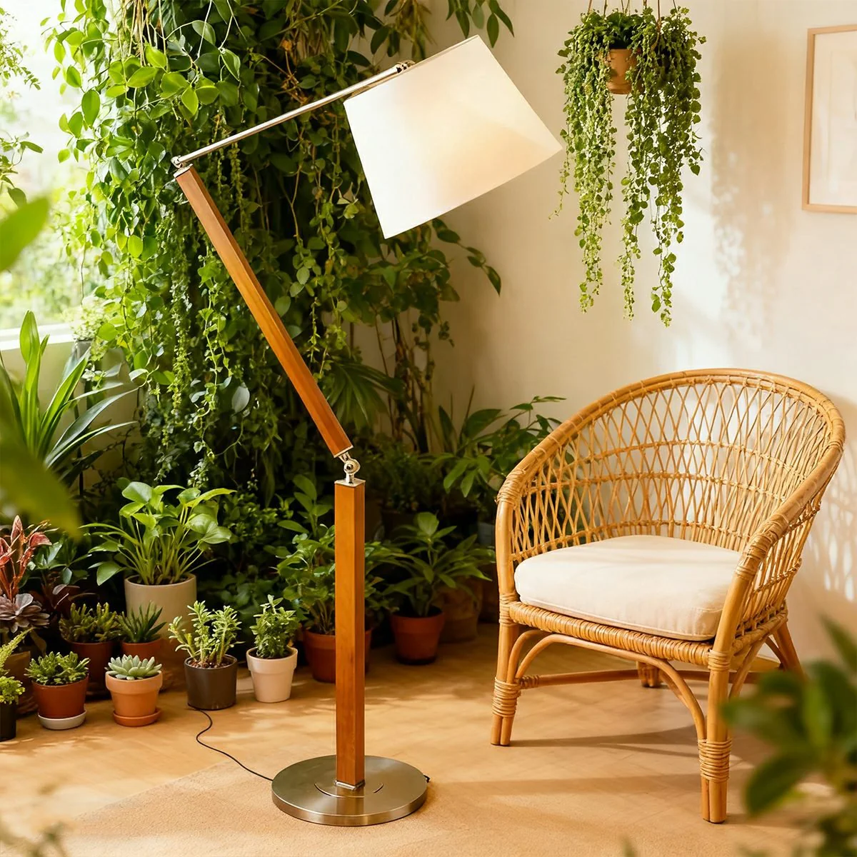 Vintage Wood White Lampshade Swing Arm Floor Lamp - Image 3