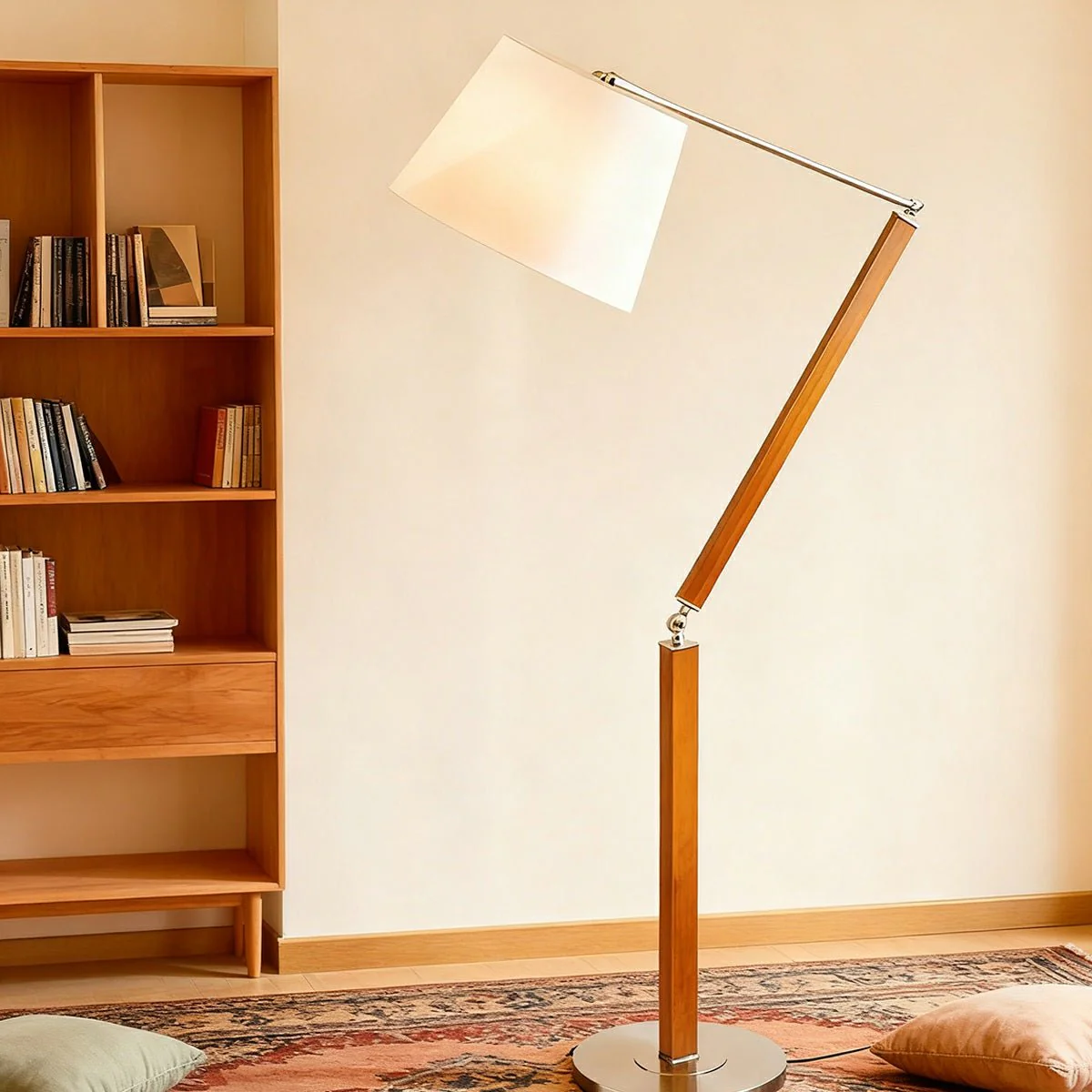 Vintage Wood White Lampshade Swing Arm Floor Lamp - Image 4