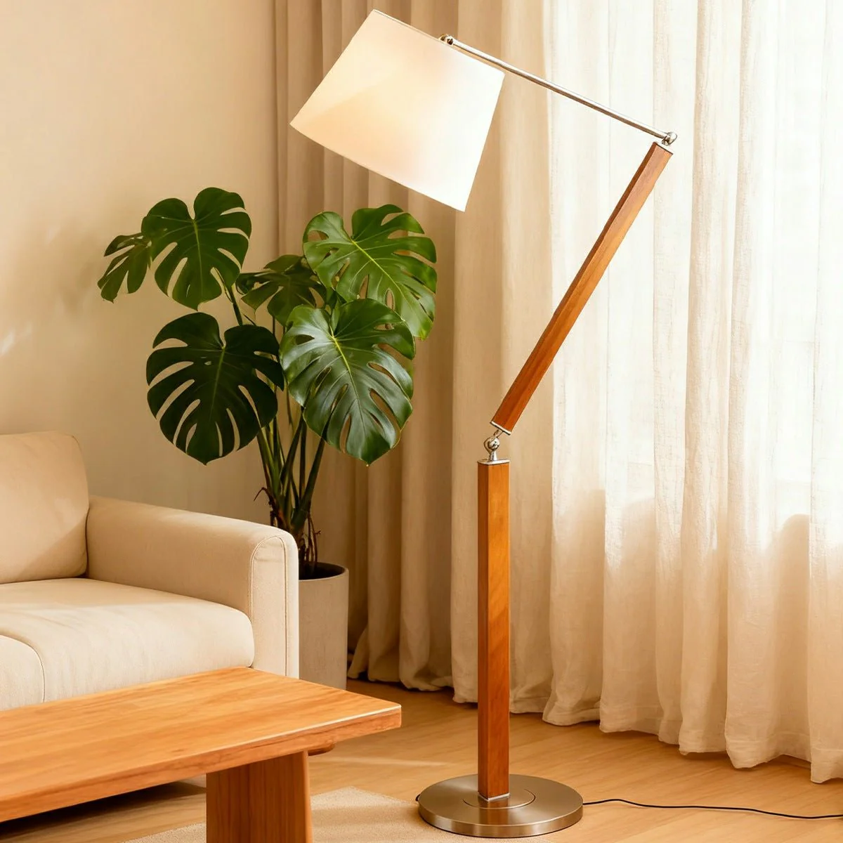 Vintage Wood White Lampshade Swing Arm Floor Lamp - Image 5