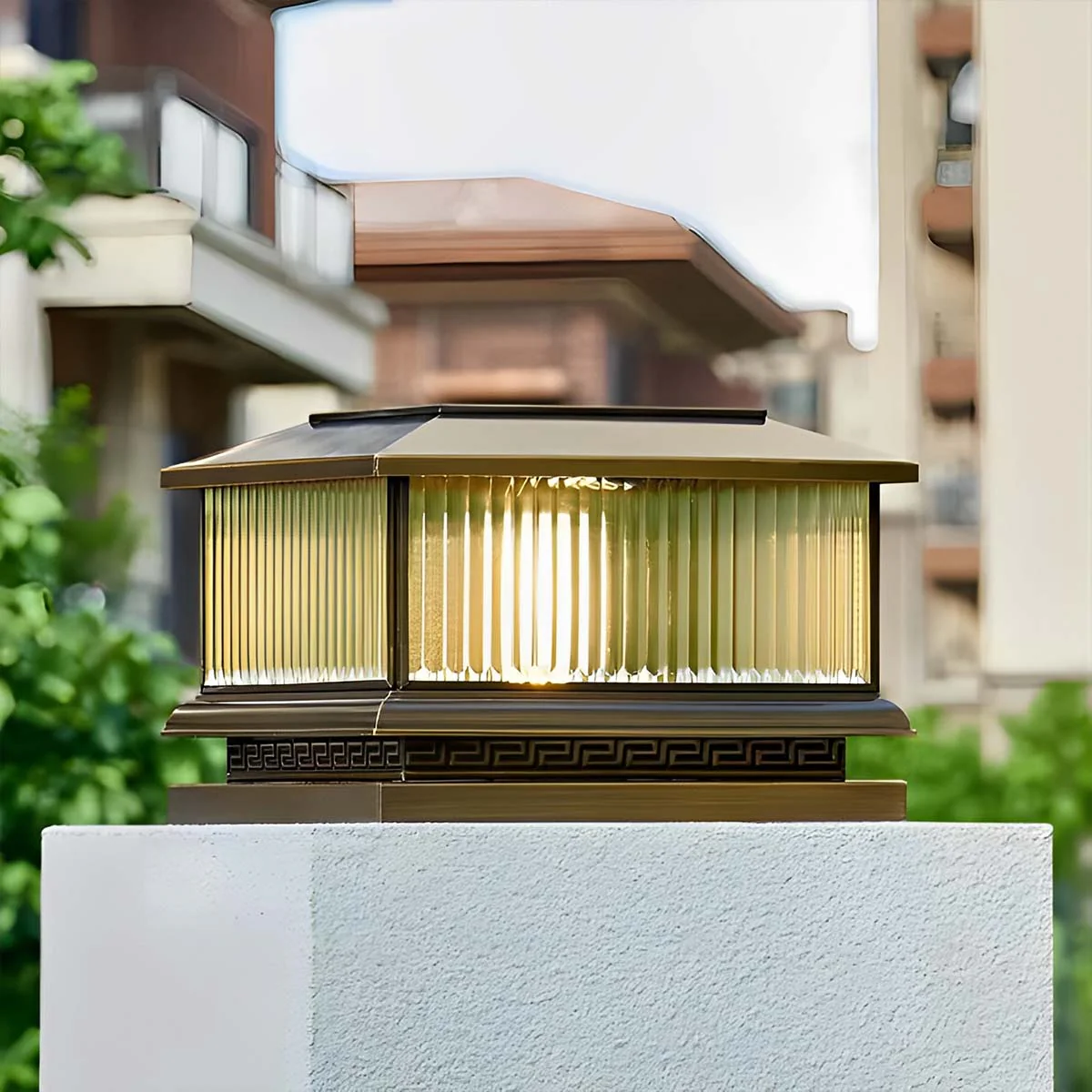 Waterproof Vintage Copper Tower Striped Glass LED Outdoor Post Lights - Image 2