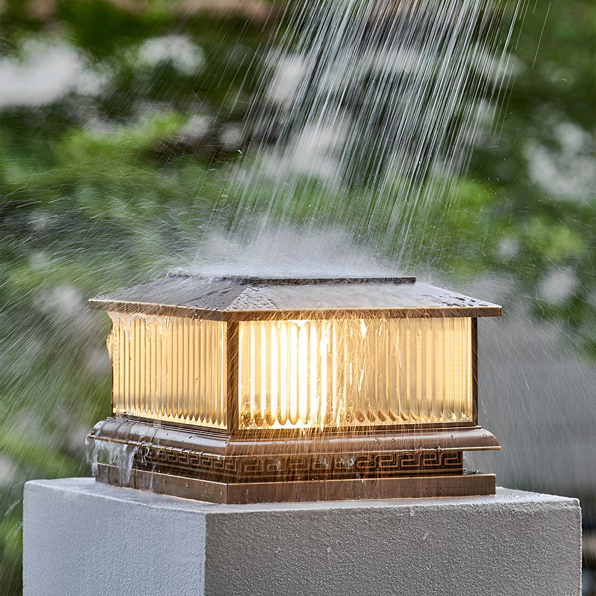 Waterproof Vintage Copper Tower Striped Glass LED Outdoor Post Lights - Image 3