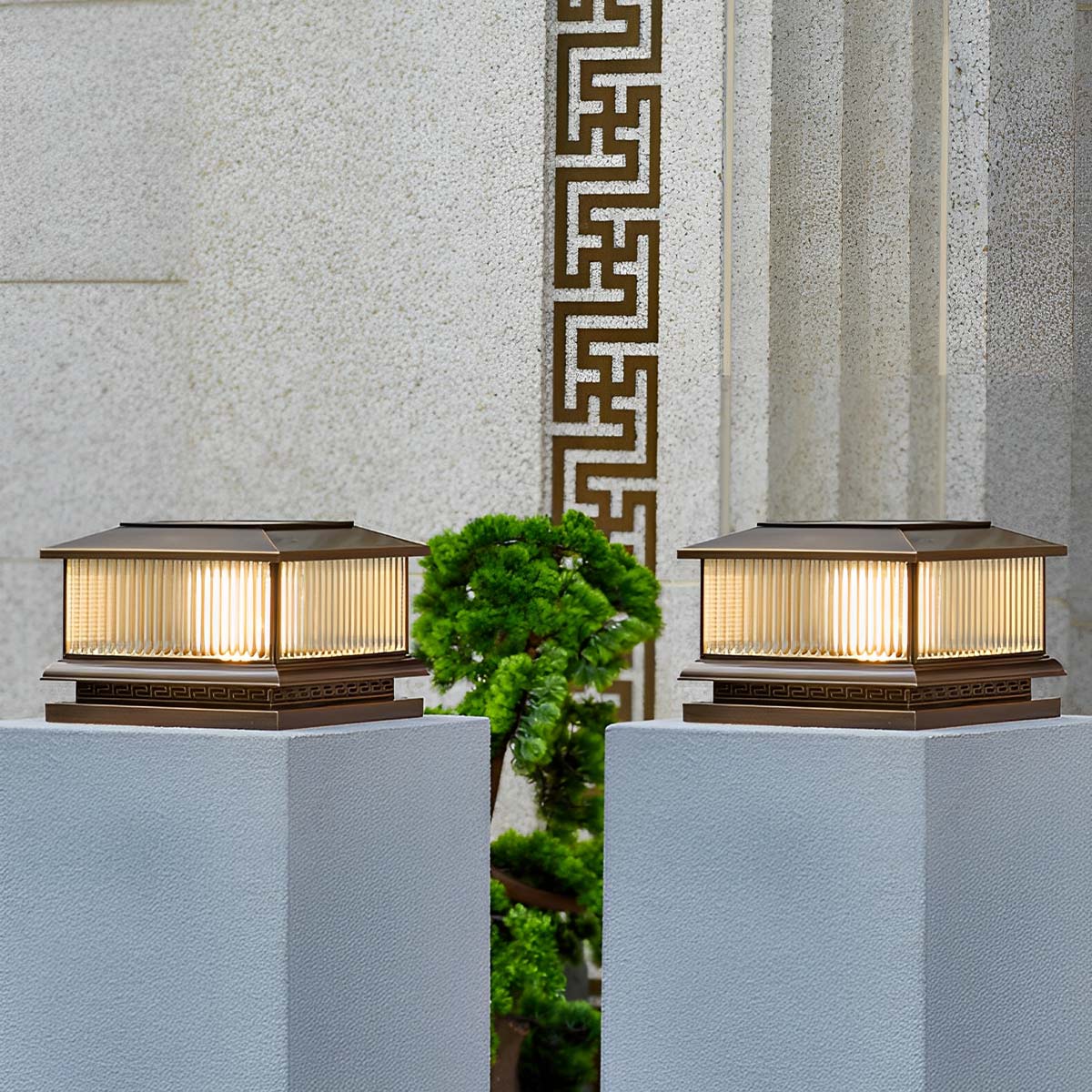 Waterproof Vintage Copper Tower Striped Glass LED Outdoor Post Lights - Image 4