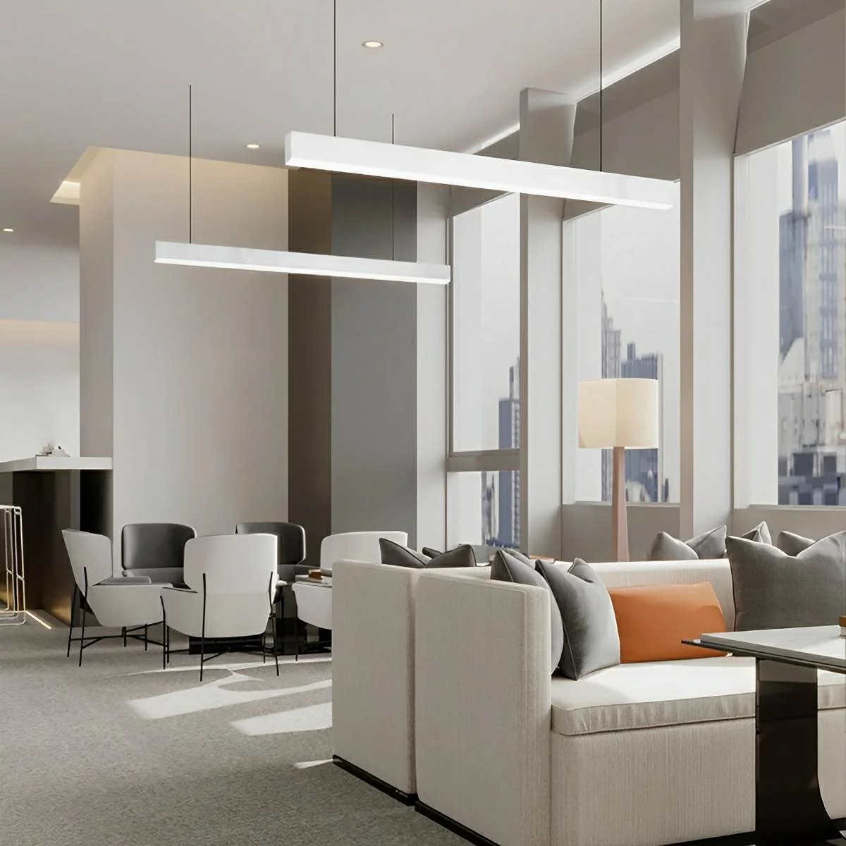 White Modern Minimalist Linear LED Long Strip Office Ceiling Pendant Lights - Image 4